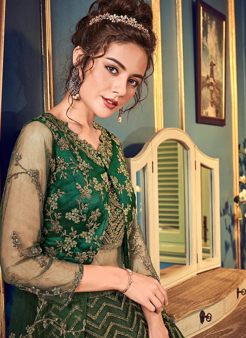 Dark Green Embroidered Slit Style Anarkali Lehenga Suit