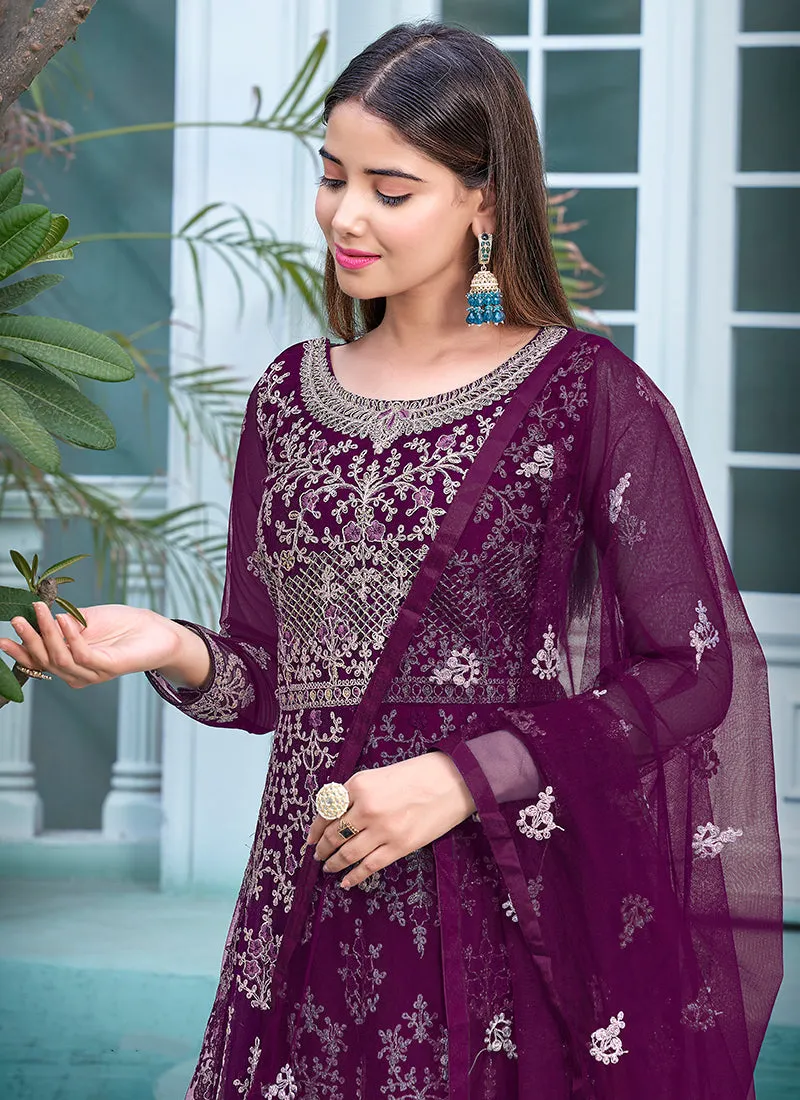 Deep Purple Embroidery Traditional Anarkali Suit