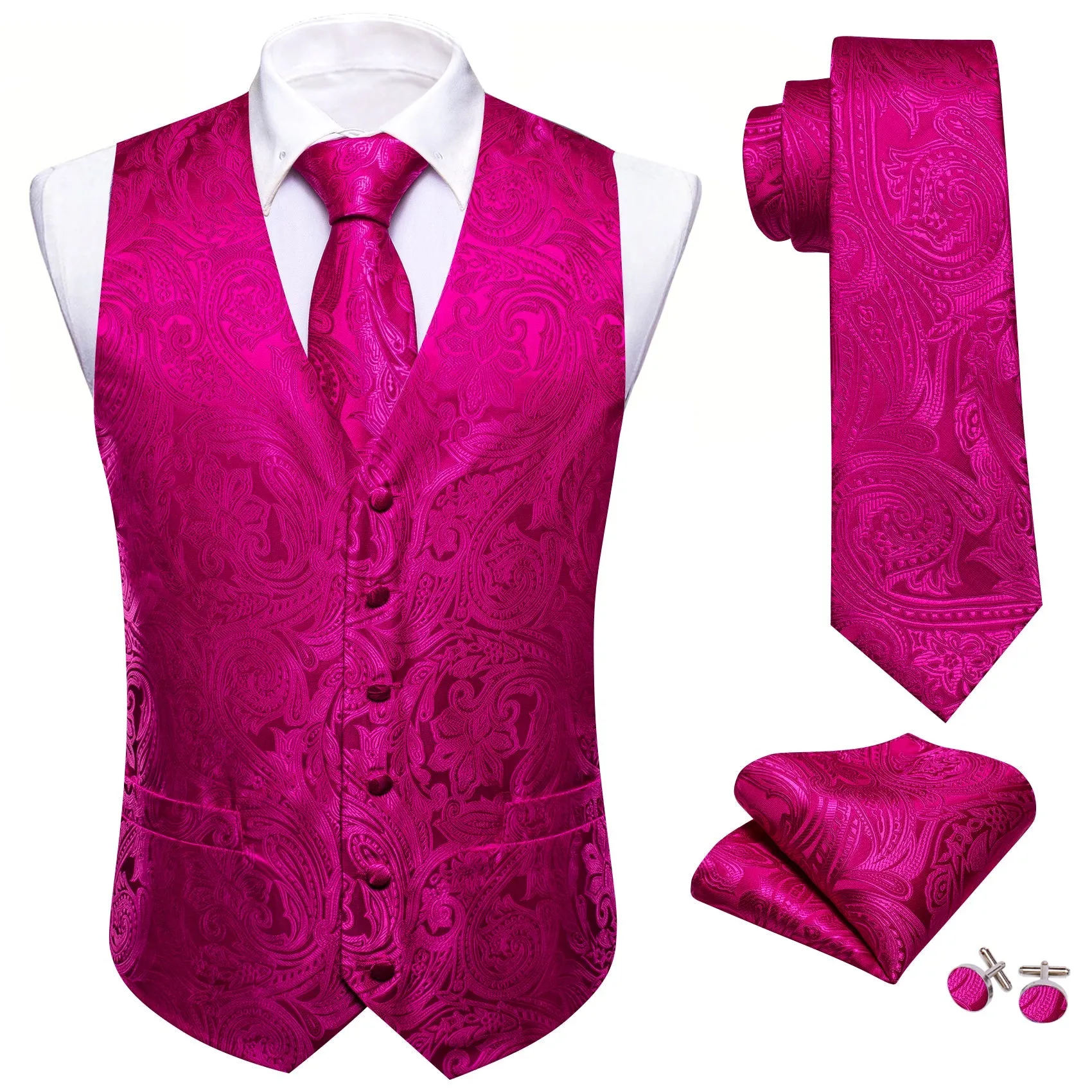 DeepPink Floral Silk Men's Vest Hanky Cufflinks Tie Set