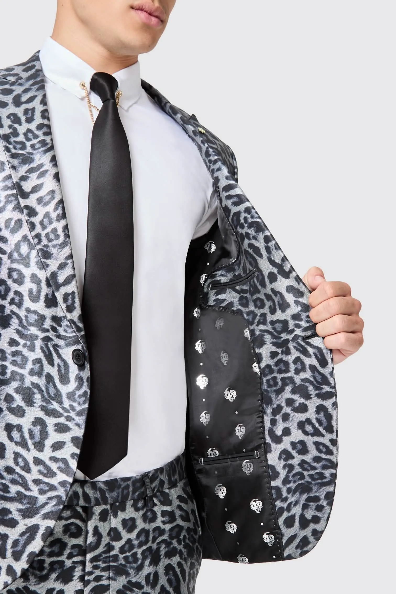 Devries Slim Fit Silver Leopard Print Tuxedo Suit