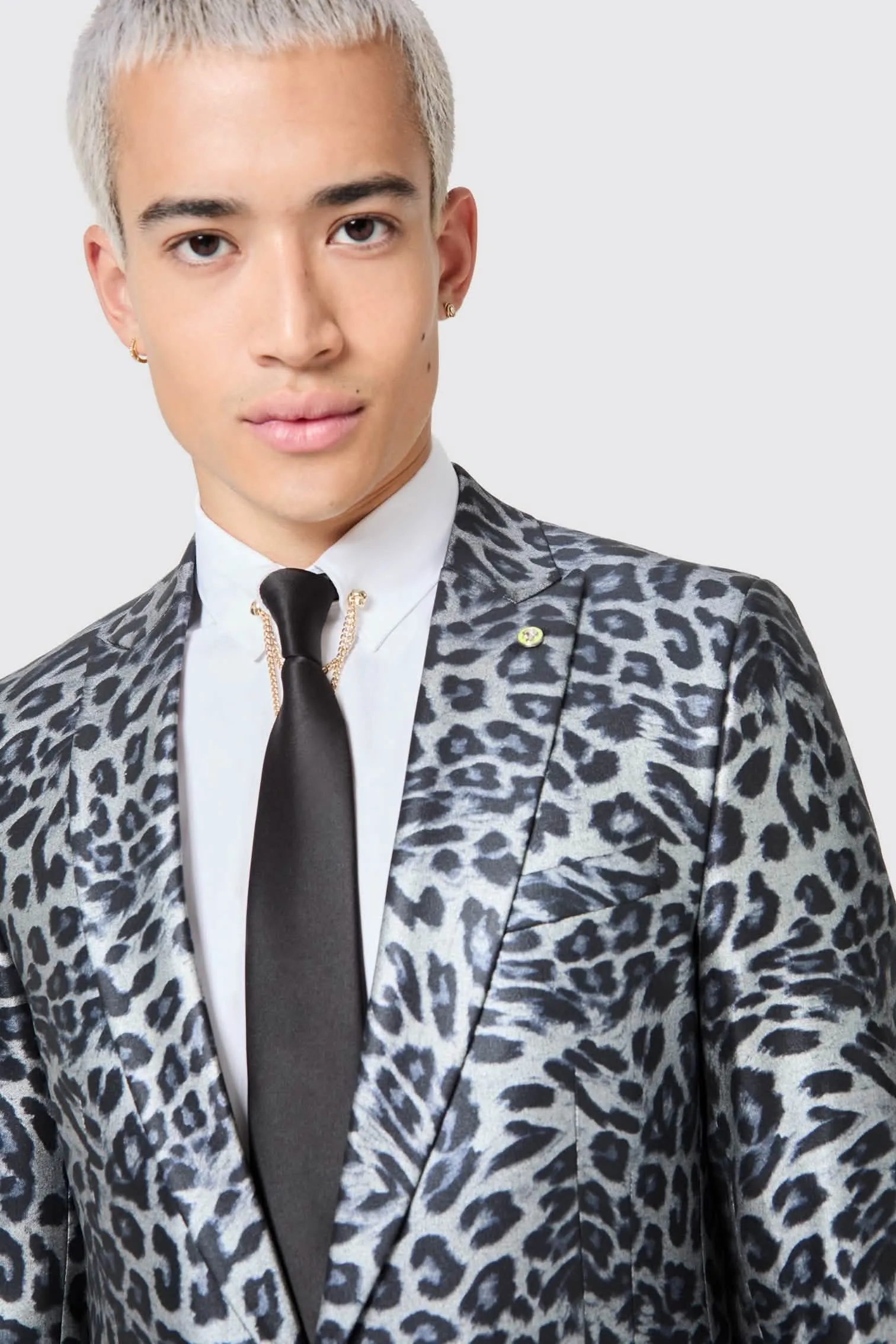 Devries Slim Fit Silver Leopard Print Tuxedo Suit