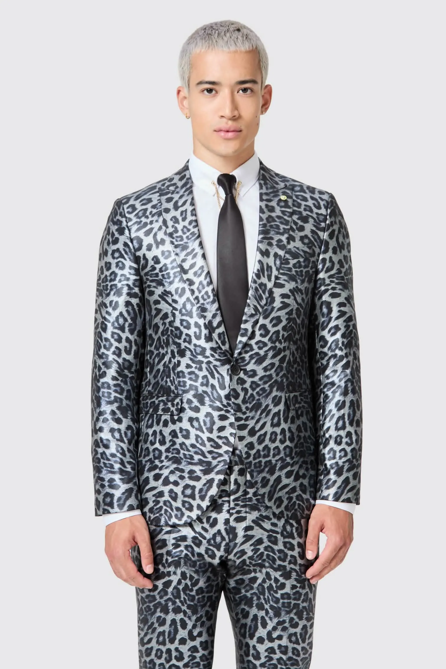 Devries Slim Fit Silver Leopard Print Tuxedo Suit