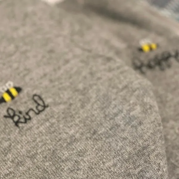 DTD Long Sleeve Heather Grey Cashmere Sweater with Hand Embroidered Bee Happy/Kind/Grateful