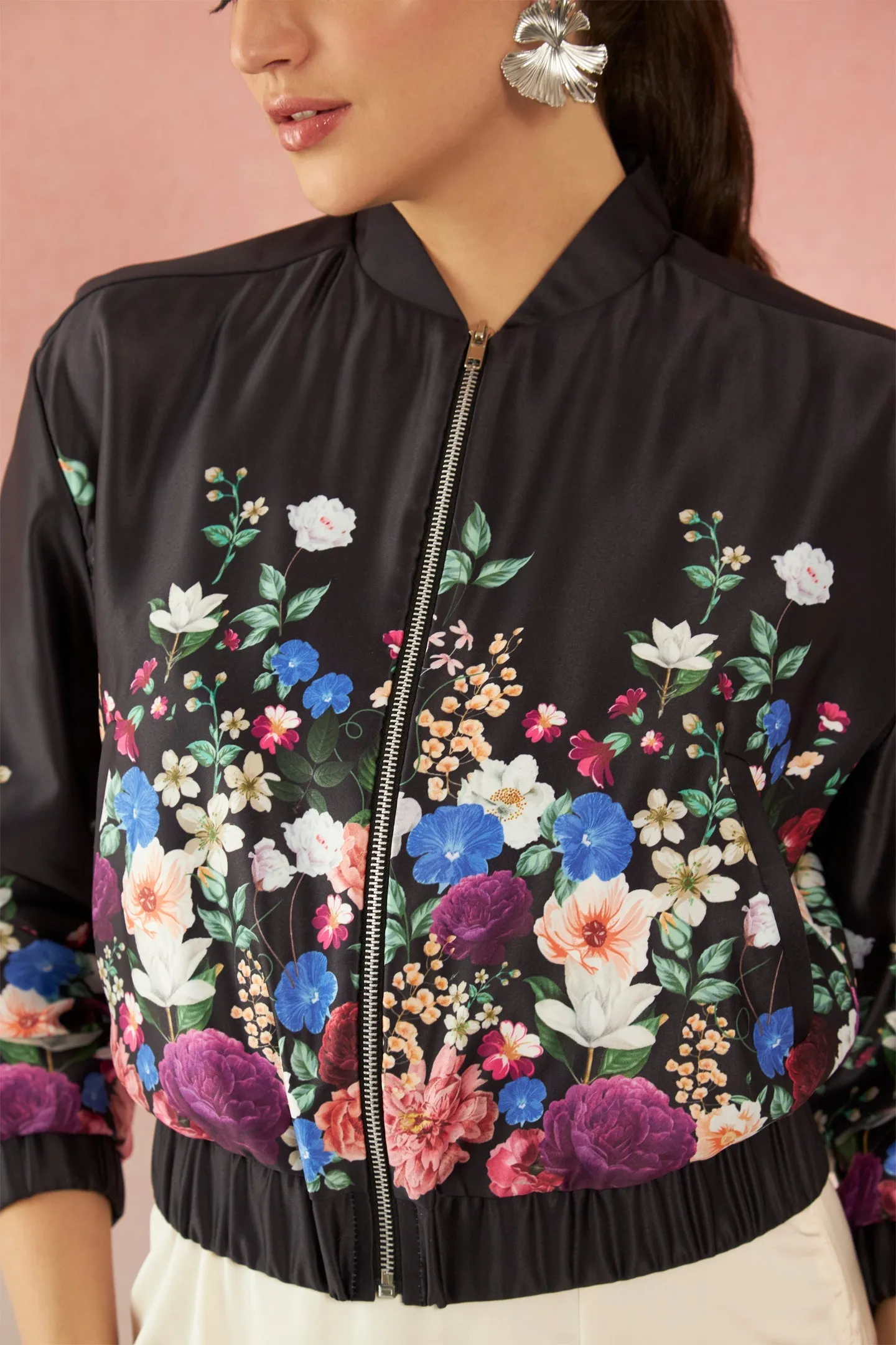 Erica|Floral Satin Bomber