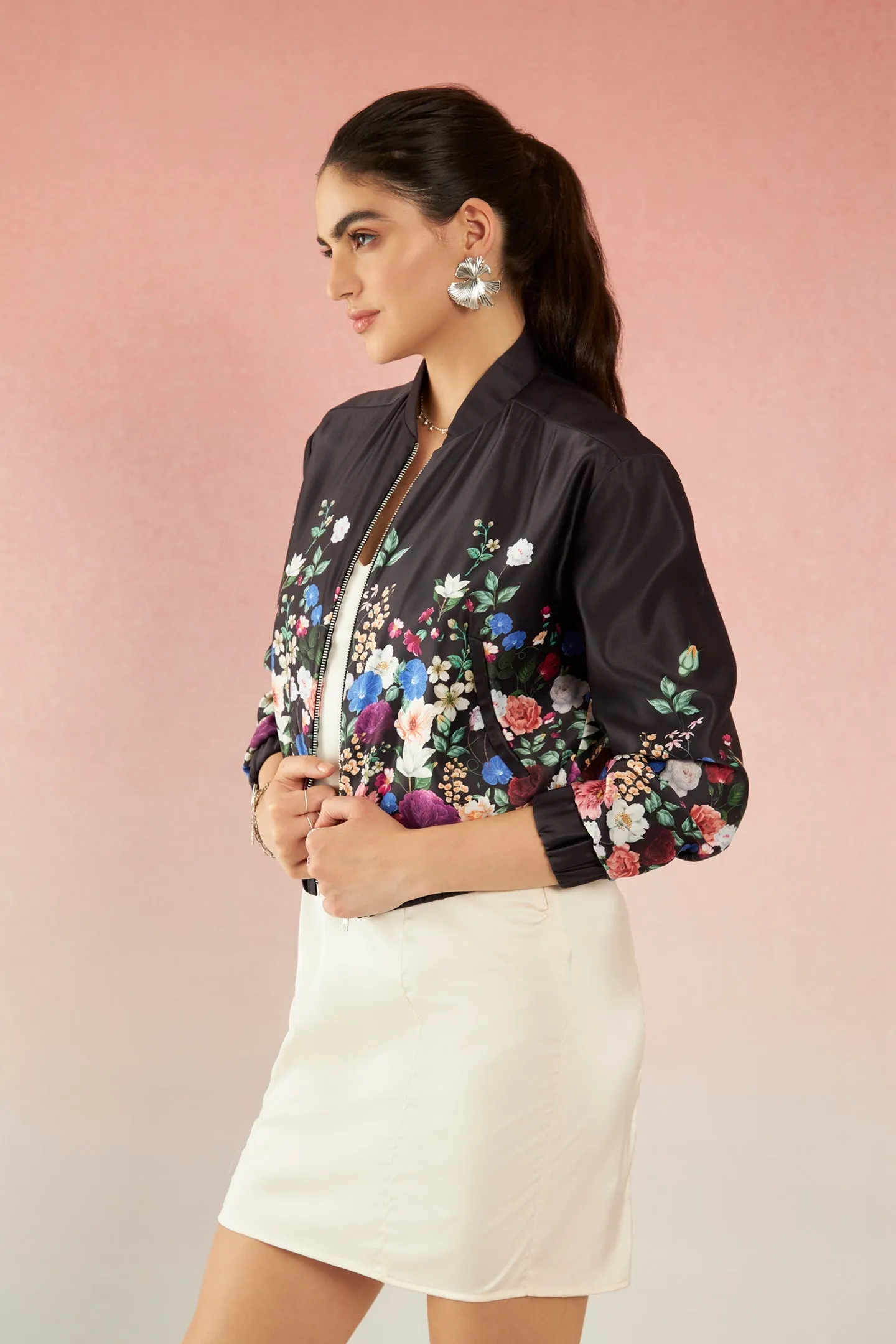 Erica|Floral Satin Bomber