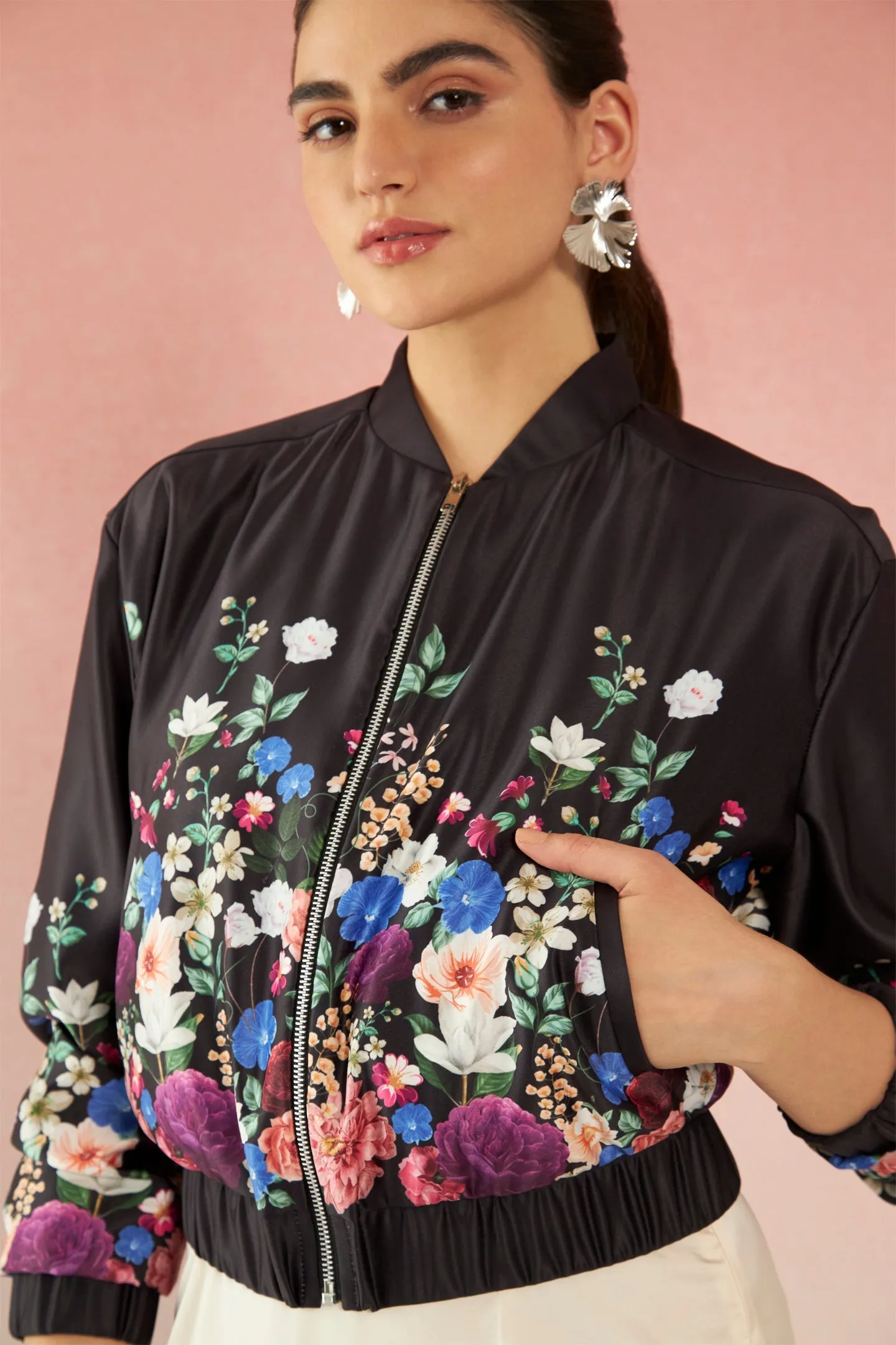 Erica|Floral Satin Bomber