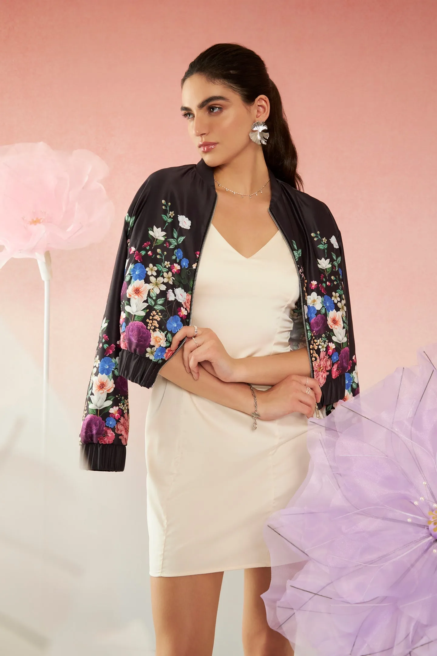 Erica|Floral Satin Bomber