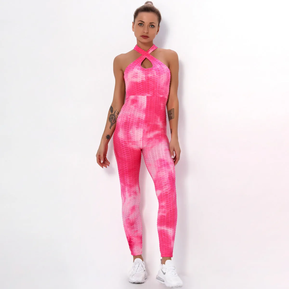 European and American Sexy Cross Tie-Dyed Beauty Back Yoga Suit Women's Fitness Sports Bubble Multi-Color One-Piece