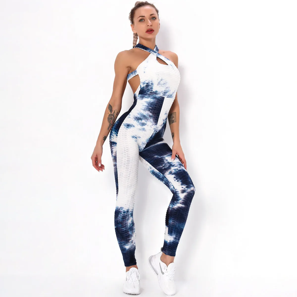 European and American Sexy Cross Tie-Dyed Beauty Back Yoga Suit Women's Fitness Sports Bubble Multi-Color One-Piece