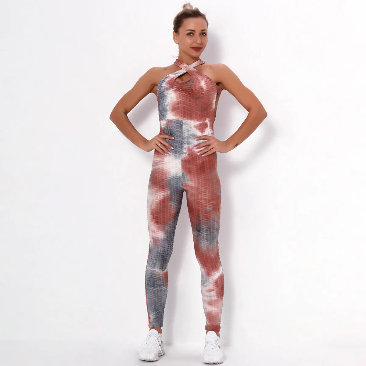 European and American Sexy Cross Tie-Dyed Beauty Back Yoga Suit Women's Fitness Sports Bubble Multi-Color One-Piece