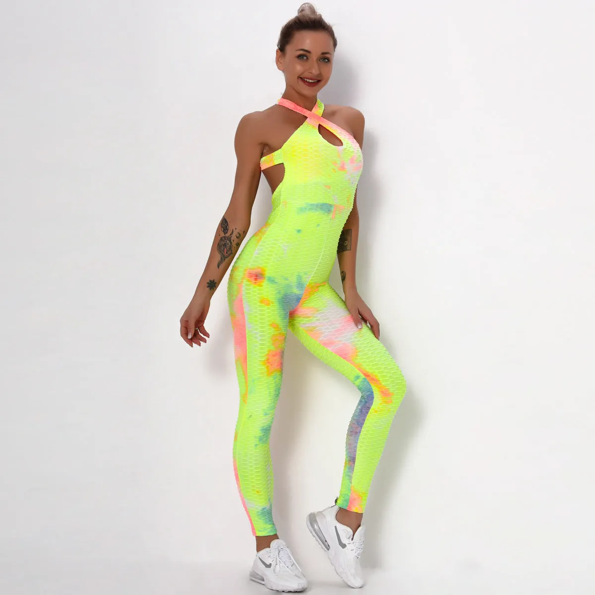 European and American Sexy Cross Tie-Dyed Beauty Back Yoga Suit Women's Fitness Sports Bubble Multi-Color One-Piece