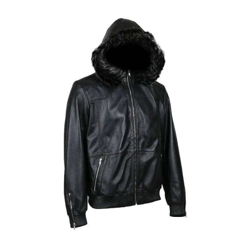 Fargo Men's Silver Fox Fur Hooded Leather Jacket