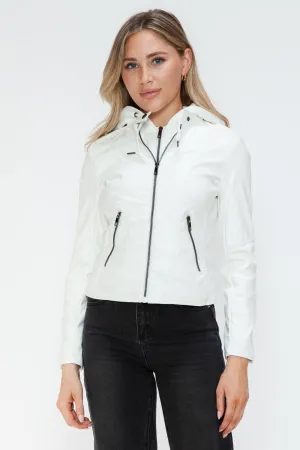 Faux Leather Zip Up Drawstring Hooded Jacket