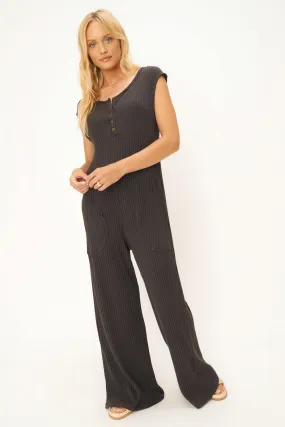 Frida Henley Sweater Rib Jumpsuit - Vintage Black