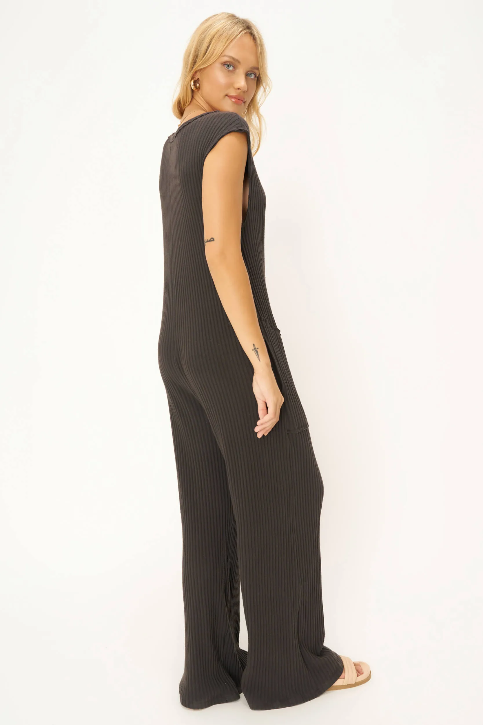 Frida Henley Sweater Rib Jumpsuit - Vintage Black