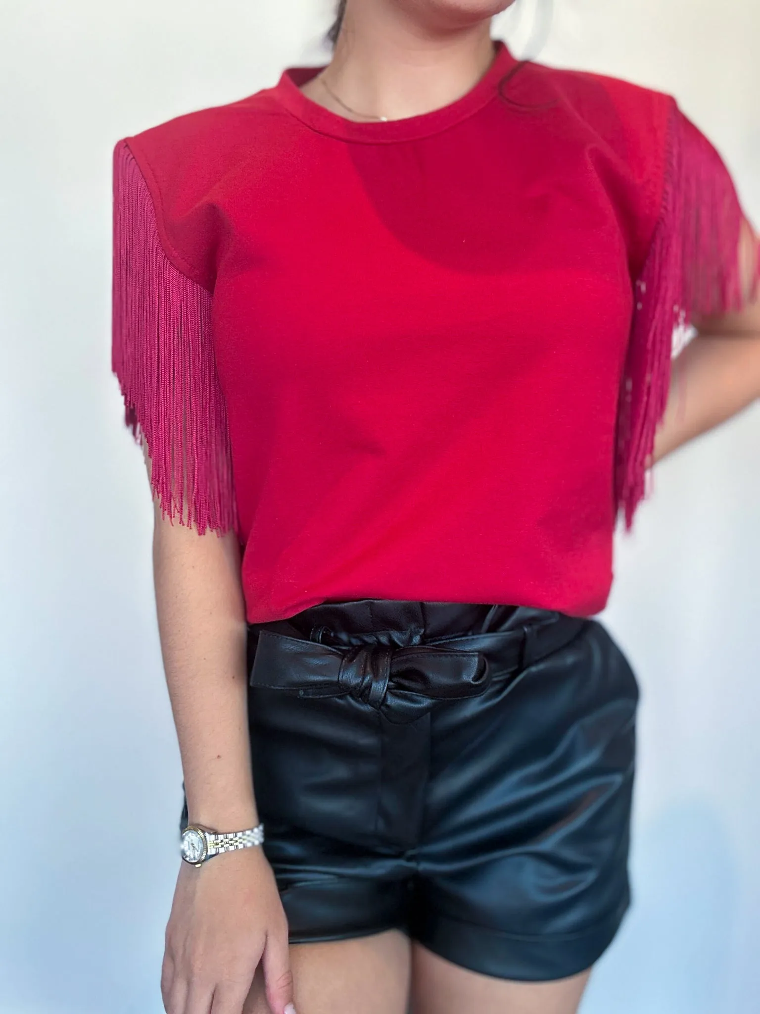 Fringe Detailed Knit Top- Crimson