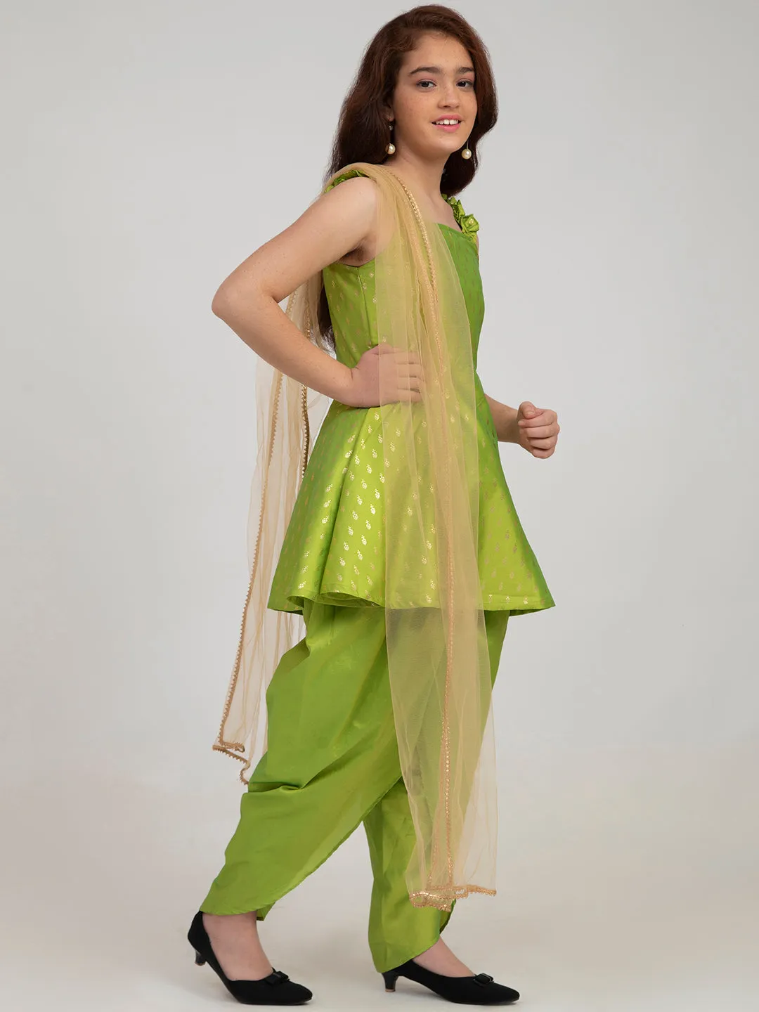 Girl's Green-Printed Kurta And Dhoti Pants With Dupatta - Bitiya By Bhama