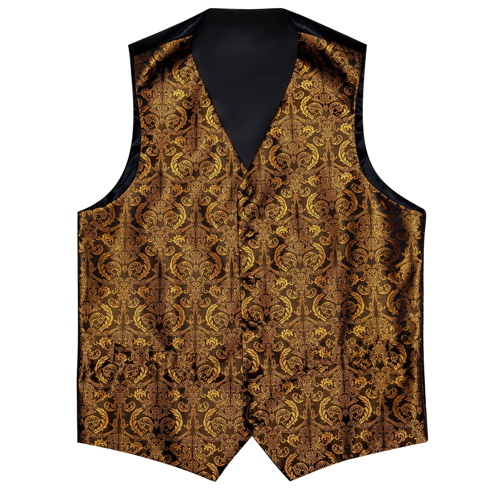 Golden Brown Paisley Jacquard Silk Men's Vest Hanky Cufflinks Tie Set