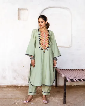 Green Cotton Floral Embroidered Kurta Palazzo Set