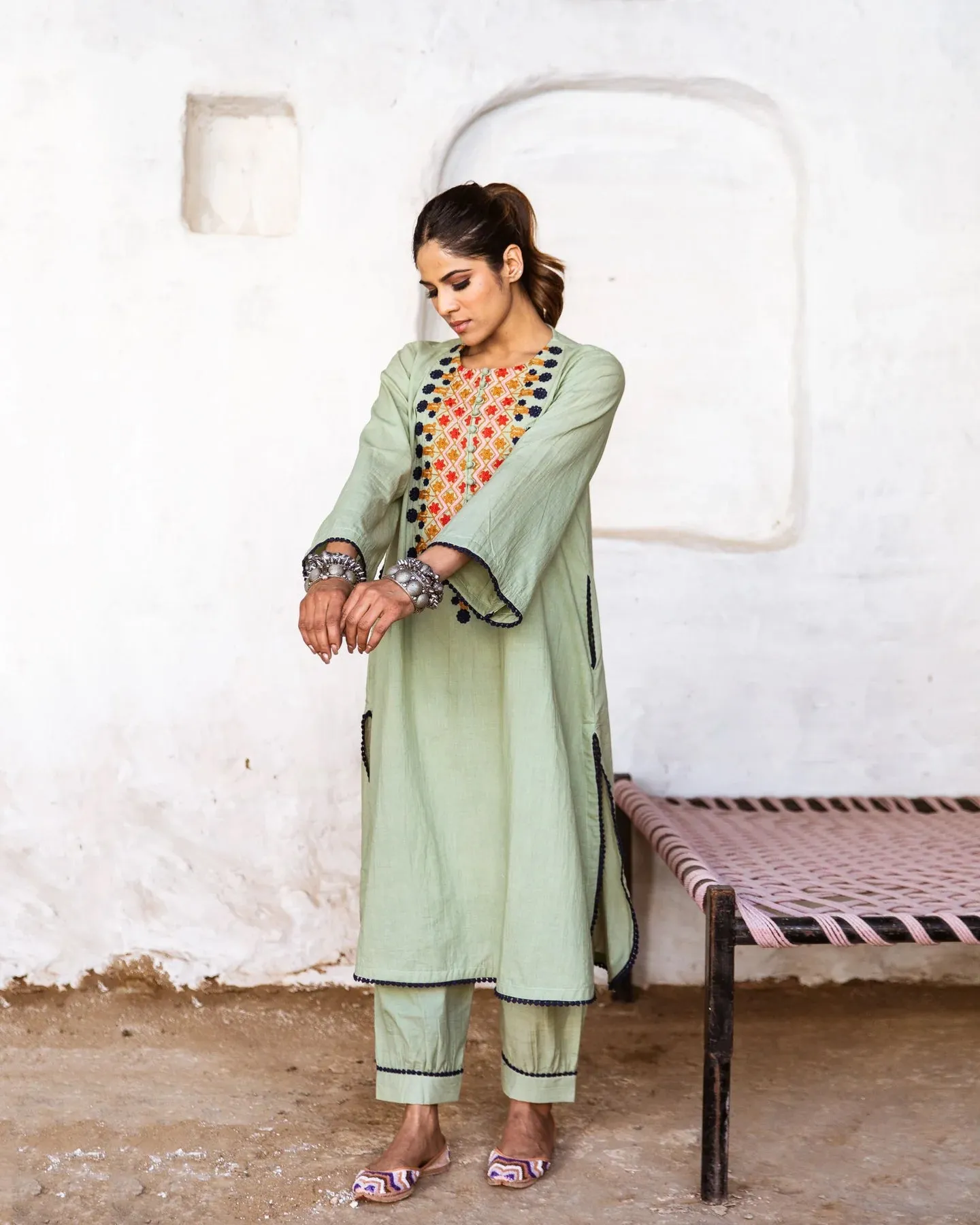 Green Cotton Floral Embroidered Kurta Palazzo Set