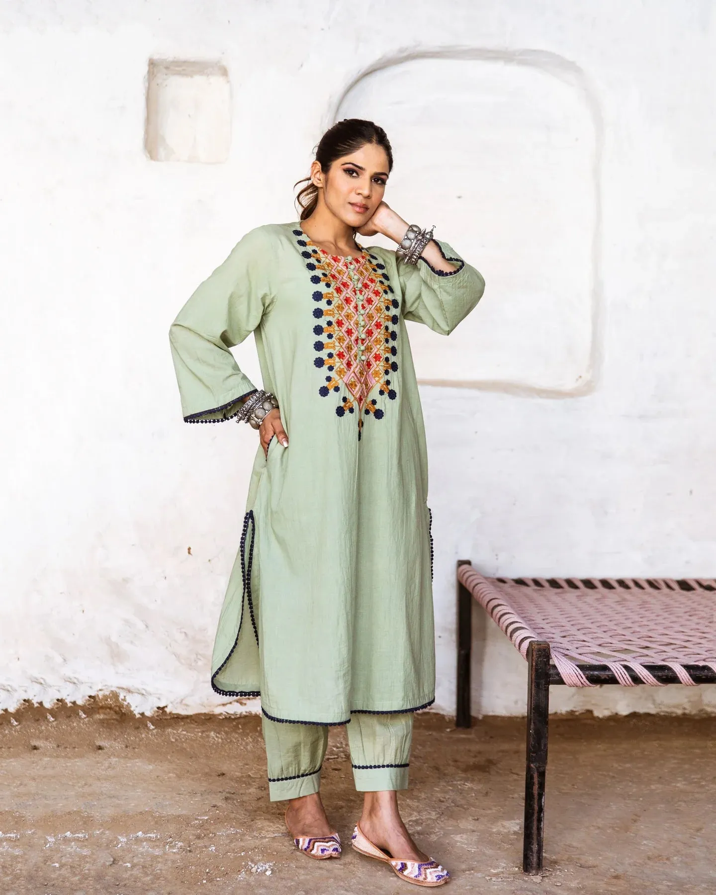 Green Cotton Floral Embroidered Kurta Palazzo Set