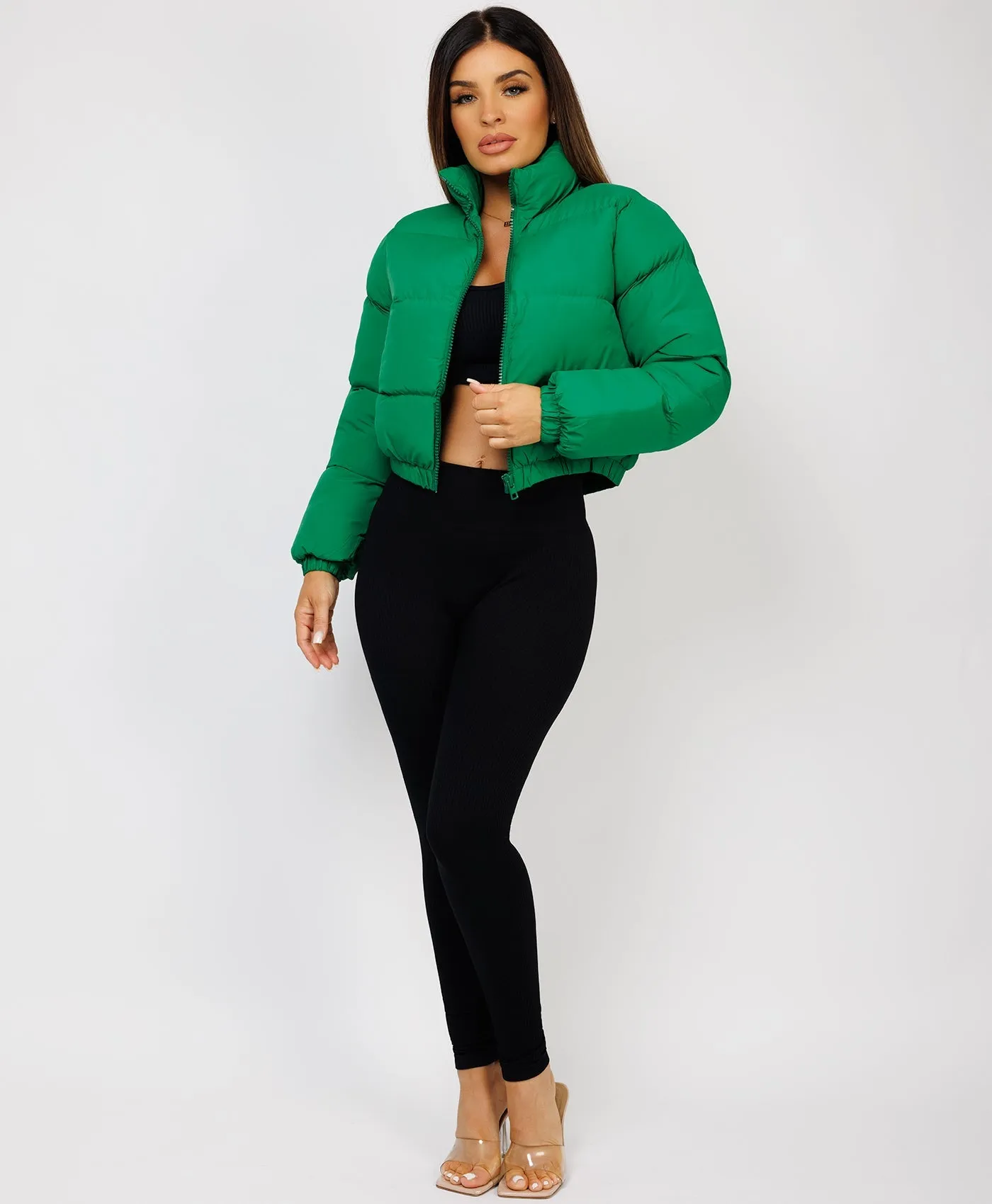 Green Solid Front Zipper Cropped Padded Puffer Jacket