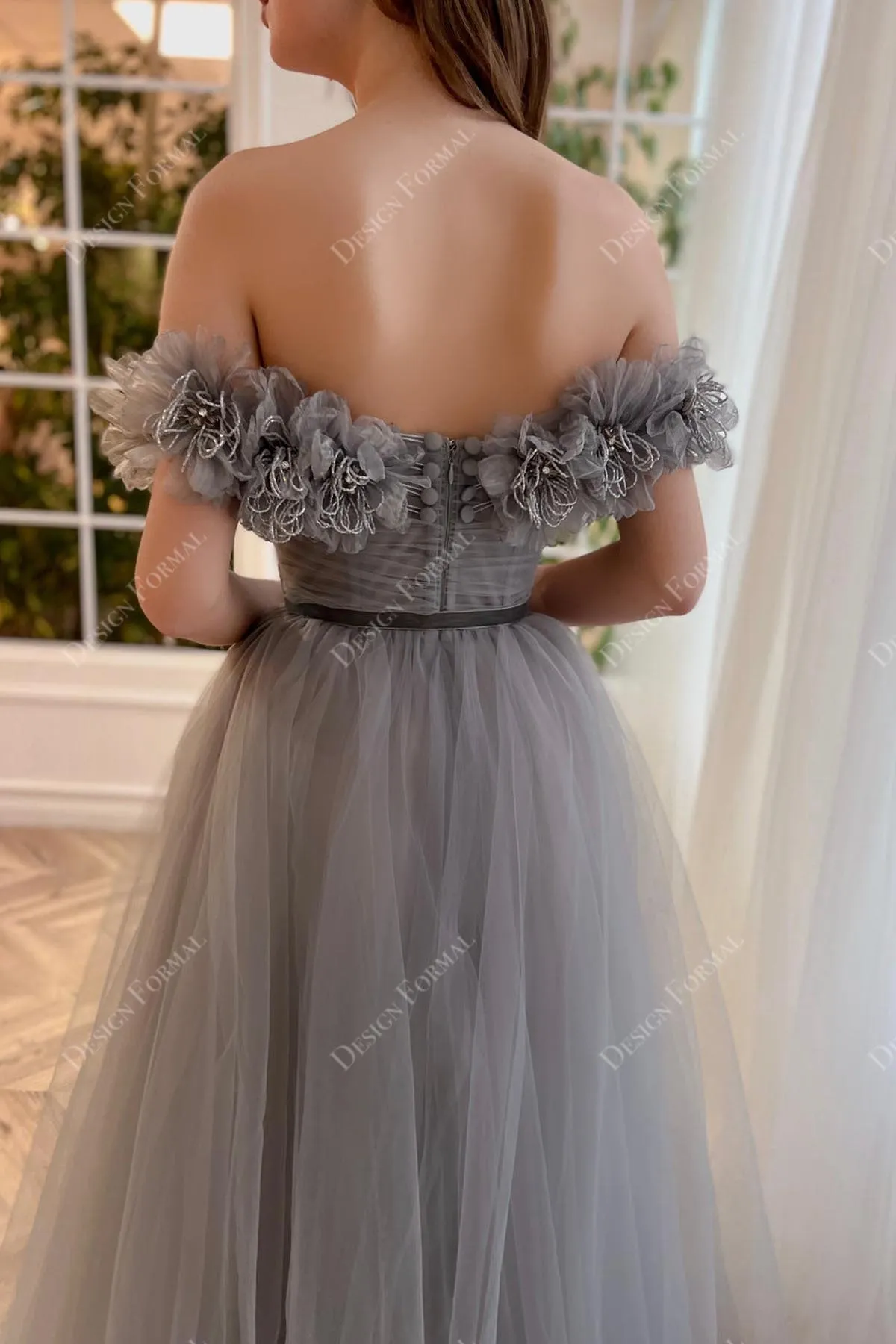 Grey Hand-made 3D flowers Off-shoulder Sexy Split A-line Formal Gown