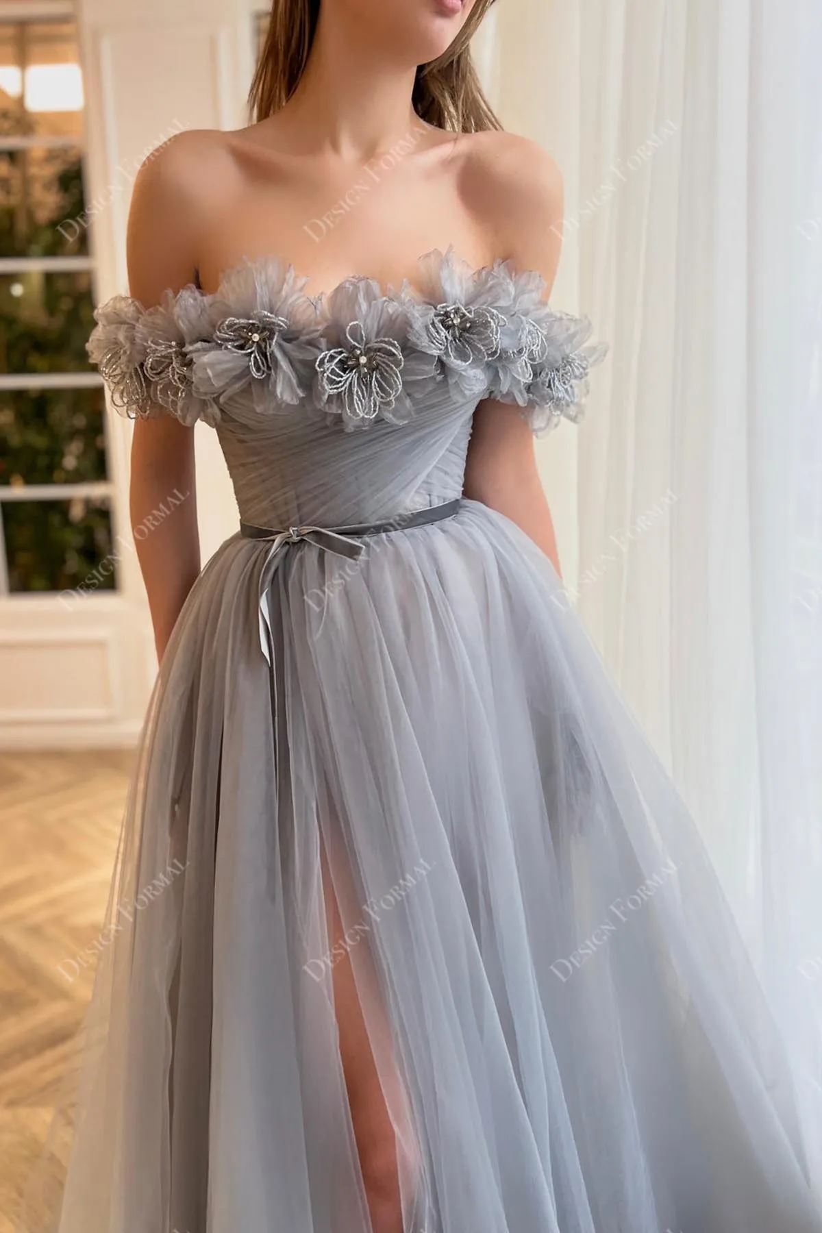 Grey Hand-made 3D flowers Off-shoulder Sexy Split A-line Formal Gown