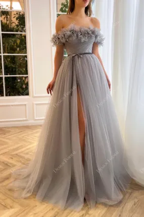 Grey Hand-made 3D flowers Off-shoulder Sexy Split A-line Formal Gown