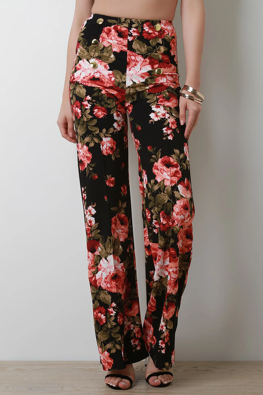 High Waisted Floral Decor Button Palazzo Pants