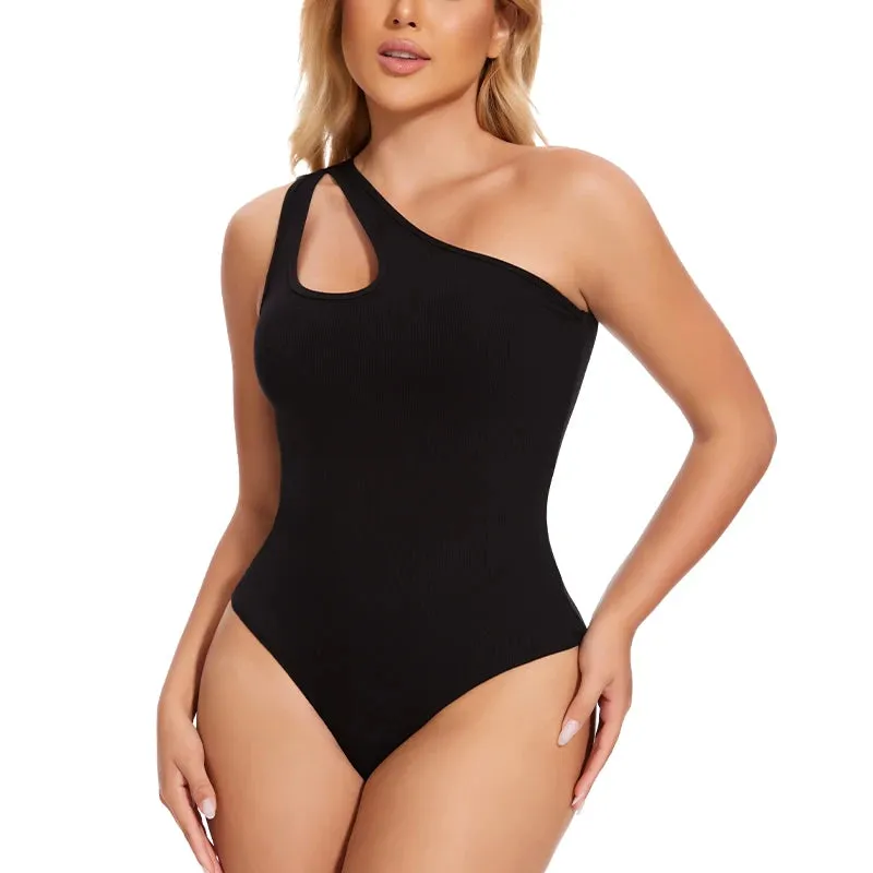 Hollow Out Bodysuit Women One Shoulder Tank Top Black White Tummy Control Shapewear Ribbed Thong Jumpsuit Sexy Slim Fit Clubwear