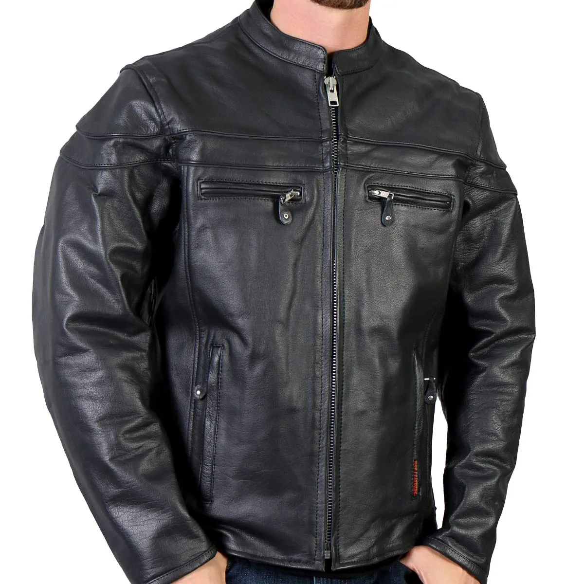 Hot Leathers JKM1011 Men's Black Leather Motorcycle Jacket with Double Piping