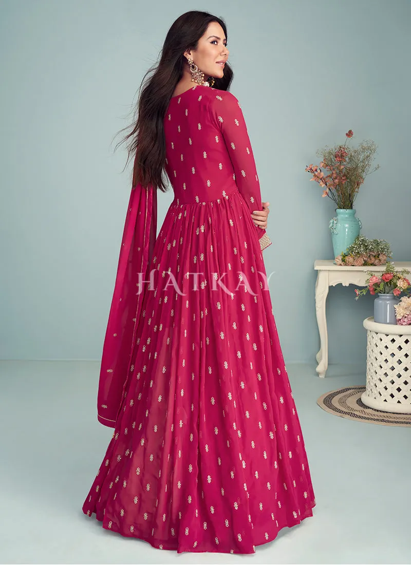 Hot Pink Embroidered Georgette Anarkali Suit