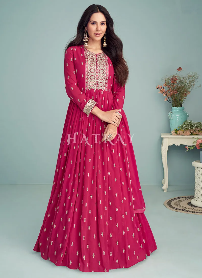 Hot Pink Embroidered Georgette Anarkali Suit