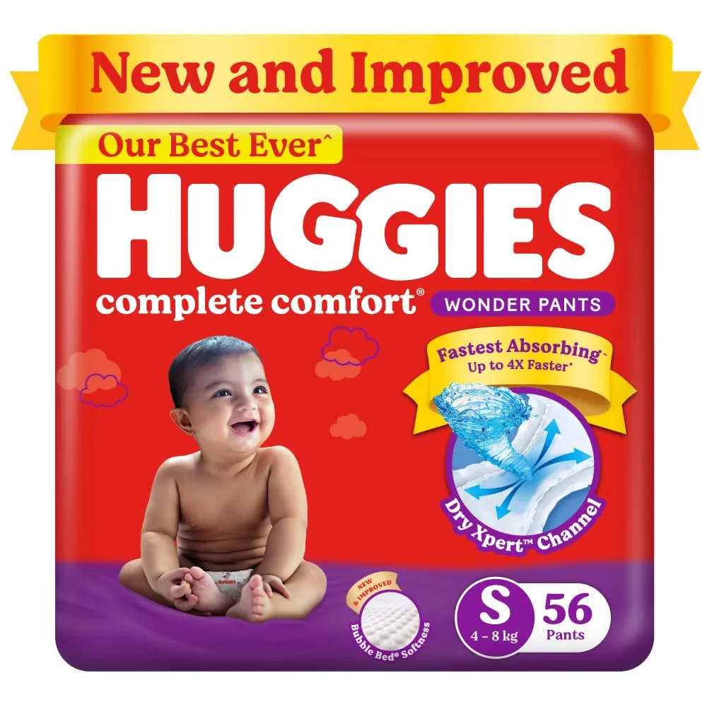 Huggies Complete Comfort Wonder Pants Small (S) Size (4-8 Kgs) Baby Diaper Pants, 56 count| India's Fastest Absorbing Diaper with upto 4x faster absorption | Unique Dry Xpert Channel