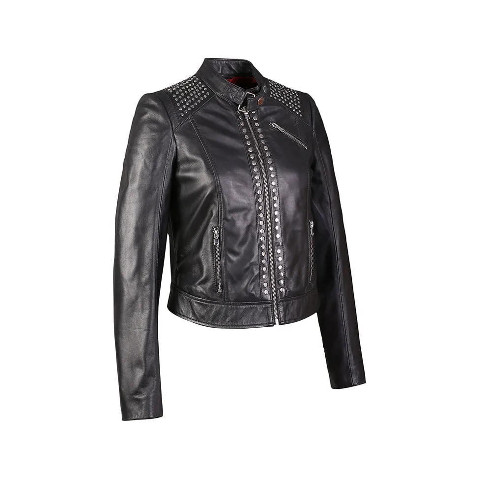 Jesse Womens High Fashion Riveted Moto Leather Jacket