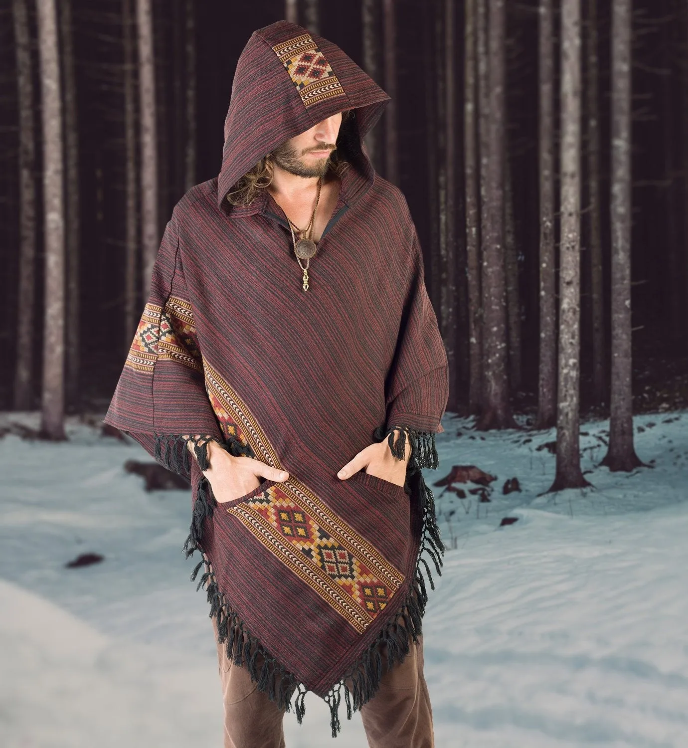 JHANA Mens Poncho Red Crimson Large Hood Yak Wool and Acrylic Wool Tribal Embroidery Celtic Patterns Wild Festival Mexican Primitive AJJAYA