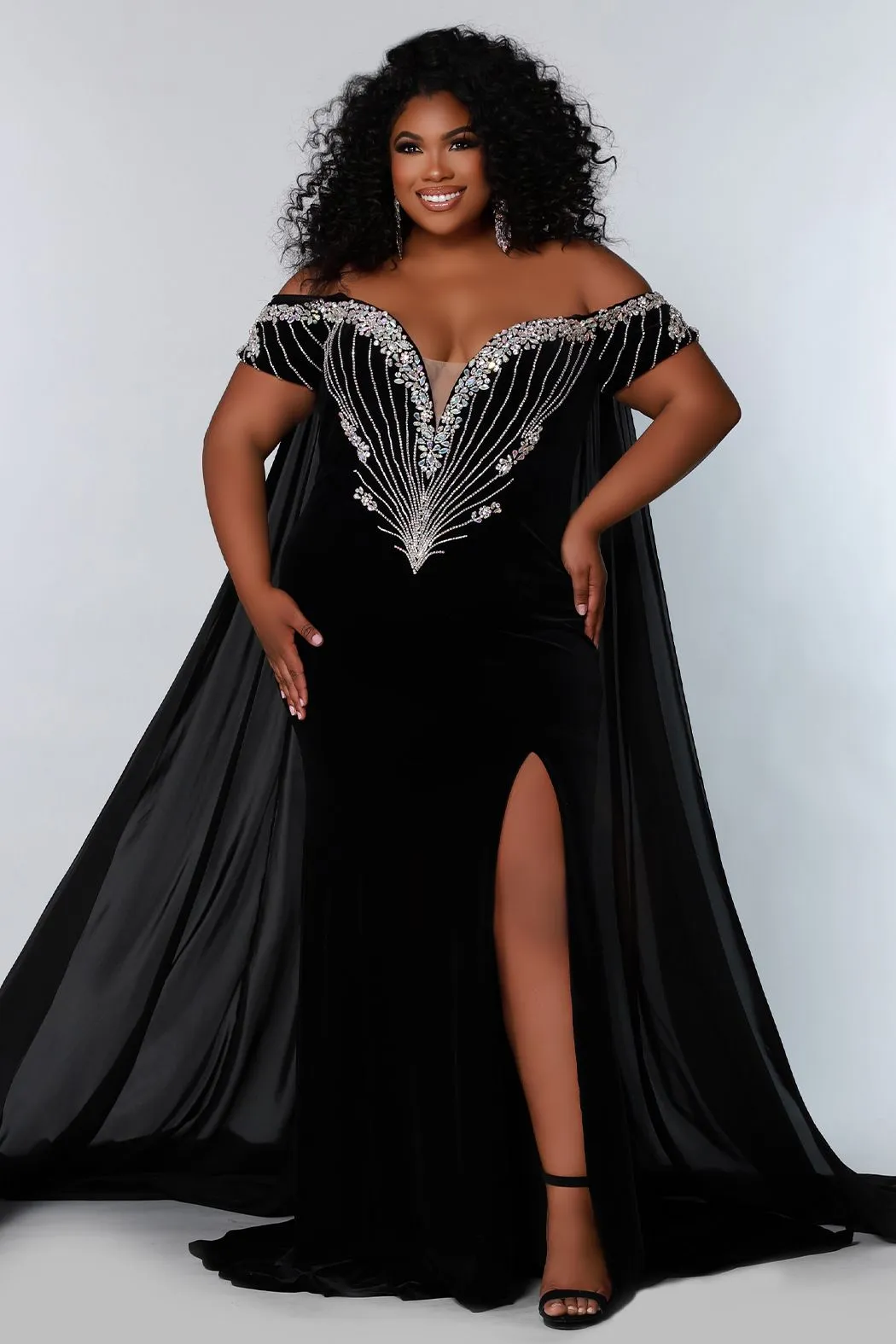 Johnathan Kayne Sydney's Closet JK2202 Plunging Neckline Slit Off The Shoulder Charmeuse Cape Princess Seams Stretch Velvet Plus Size Formal Dress