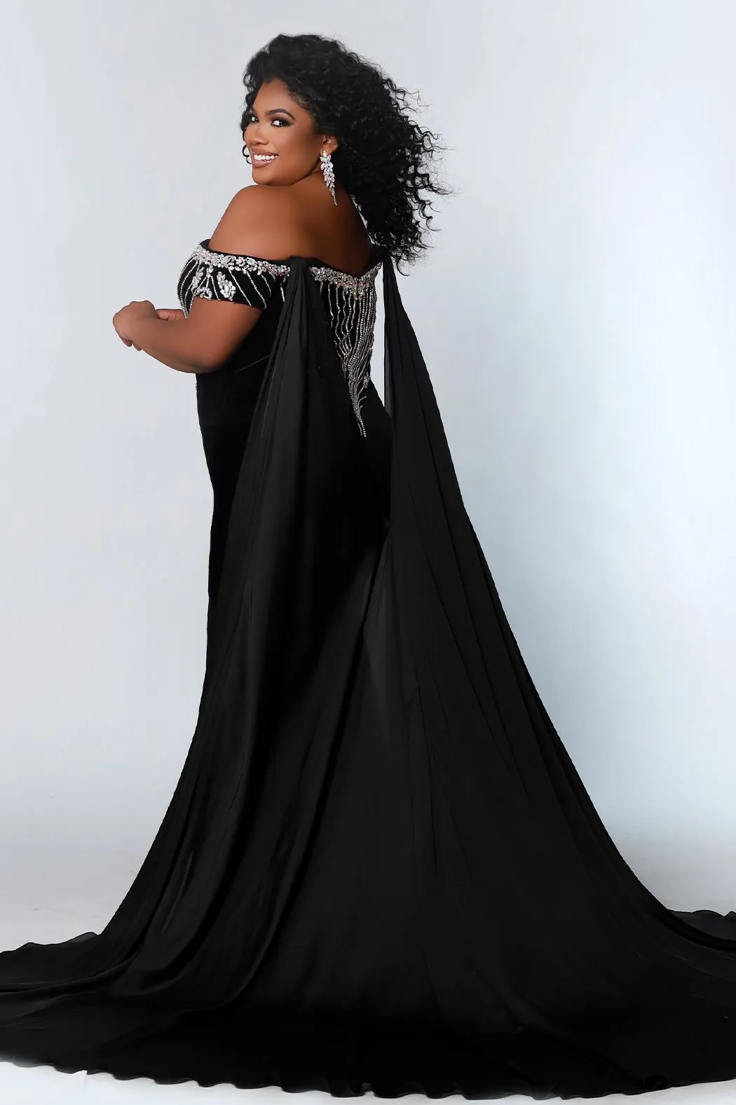 Johnathan Kayne Sydney's Closet JK2202 Plunging Neckline Slit Off The Shoulder Charmeuse Cape Princess Seams Stretch Velvet Plus Size Formal Dress