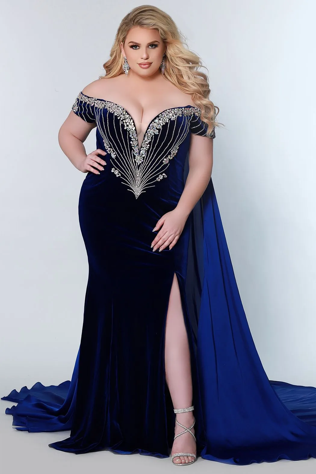 Johnathan Kayne Sydney's Closet JK2202 Plunging Neckline Slit Off The Shoulder Charmeuse Cape Princess Seams Stretch Velvet Plus Size Formal Dress