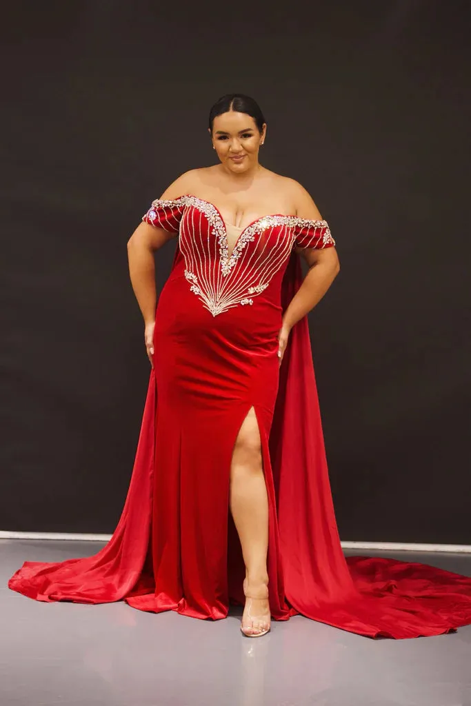 Johnathan Kayne Sydney's Closet JK2202 Plunging Neckline Slit Off The Shoulder Charmeuse Cape Princess Seams Stretch Velvet Plus Size Formal Dress