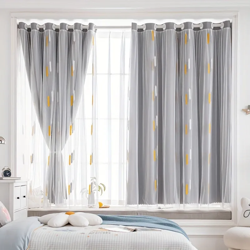 kkboxly 1pc Exquisite Wheat Pattern Embroidered Double-Layer Curtain - Grey Window Treatment for Bedroom, Office, Kitchen, Living Room, Study - Home Decor with Elegant Design, Thermal Insulation, and Light Blocking Features