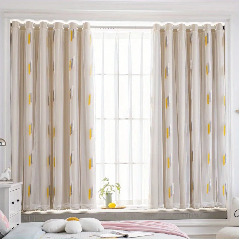 kkboxly 1pc Exquisite Wheat Pattern Embroidered Double-Layer Curtain - Grey Window Treatment for Bedroom, Office, Kitchen, Living Room, Study - Home Decor with Elegant Design, Thermal Insulation, and Light Blocking Features