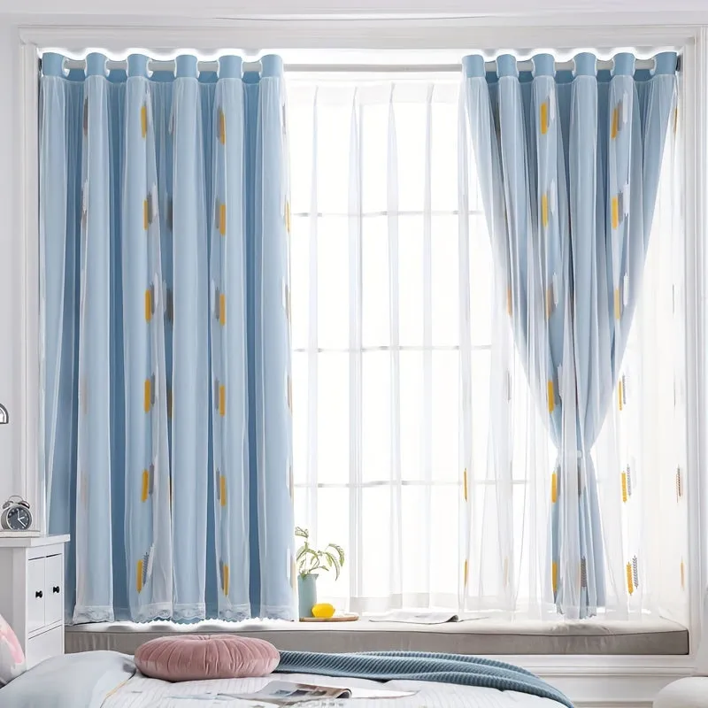 kkboxly 1pc Exquisite Wheat Pattern Embroidered Double-Layer Curtain - Grey Window Treatment for Bedroom, Office, Kitchen, Living Room, Study - Home Decor with Elegant Design, Thermal Insulation, and Light Blocking Features