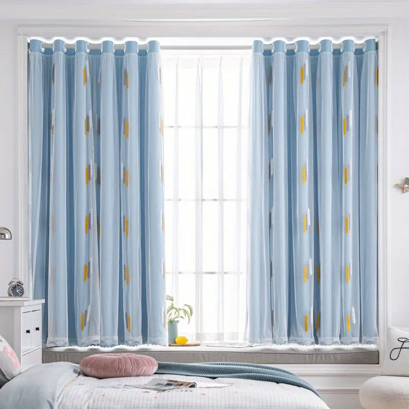 kkboxly 1pc Exquisite Wheat Pattern Embroidered Double-Layer Curtain - Grey Window Treatment for Bedroom, Office, Kitchen, Living Room, Study - Home Decor with Elegant Design, Thermal Insulation, and Light Blocking Features