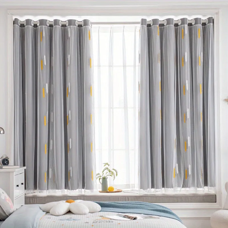 kkboxly 1pc Exquisite Wheat Pattern Embroidered Double-Layer Curtain - Grey Window Treatment for Bedroom, Office, Kitchen, Living Room, Study - Home Decor with Elegant Design, Thermal Insulation, and Light Blocking Features