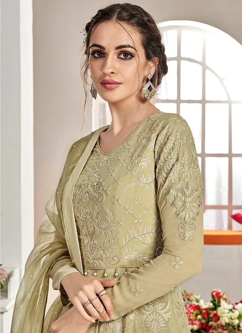 Light Green Embroidered Flared Anarkali Suit