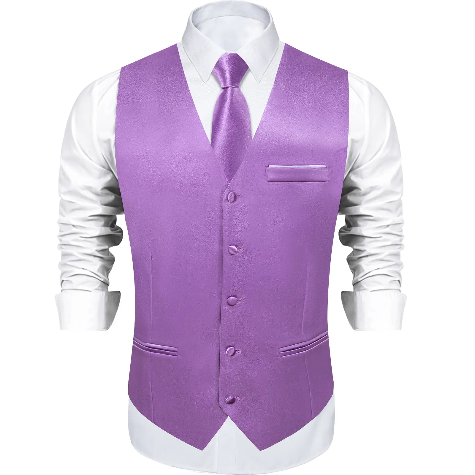 Light Purple Solid Shining Silk Formal Men's Vest Hanky Cufflinks Tie Set