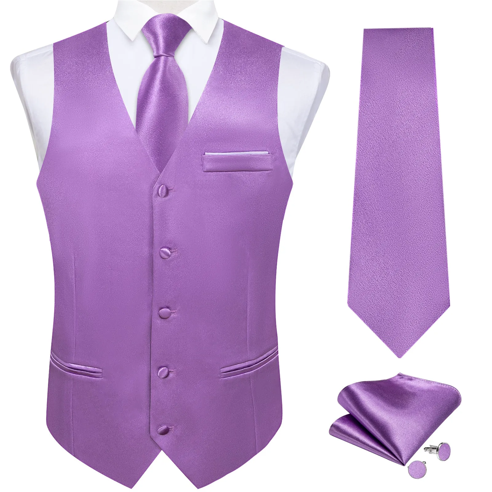 Light Purple Solid Shining Silk Formal Men's Vest Hanky Cufflinks Tie Set