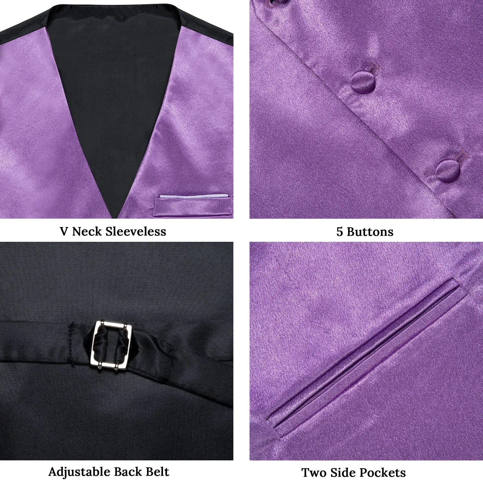 Light Purple Solid Shining Silk Formal Men's Vest Hanky Cufflinks Tie Set